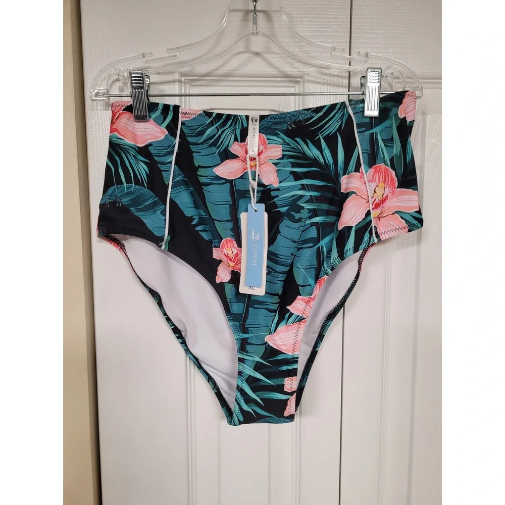 Cupshe Tropical Floral High Waisted Bikini Bottom Pink Orchid Leaves XL NWT